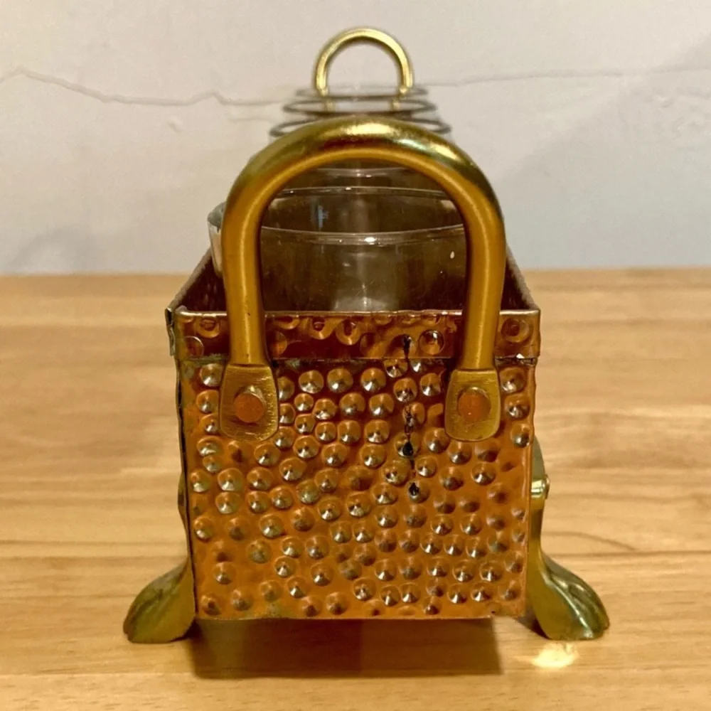 Hammered Metal Footed Container with 5 Glass Votive Holders Used Copper Colored - Picture 3 of 15